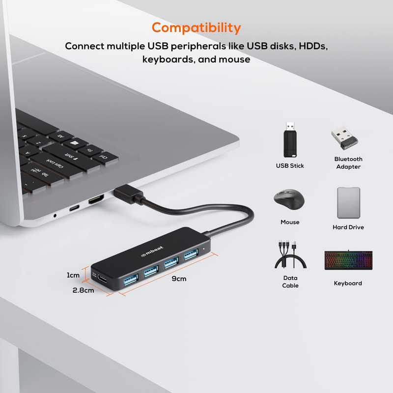 mbeat 4-Port USB 3.0 Hub with USB-C DC Port - Black