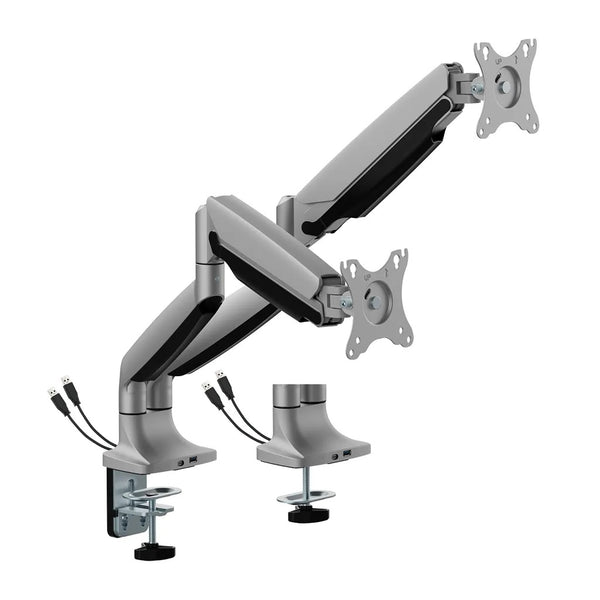 Brateck Dual Monitor Arm 17"-35" Heavy Duty Gas Spring w/ USB - Silver