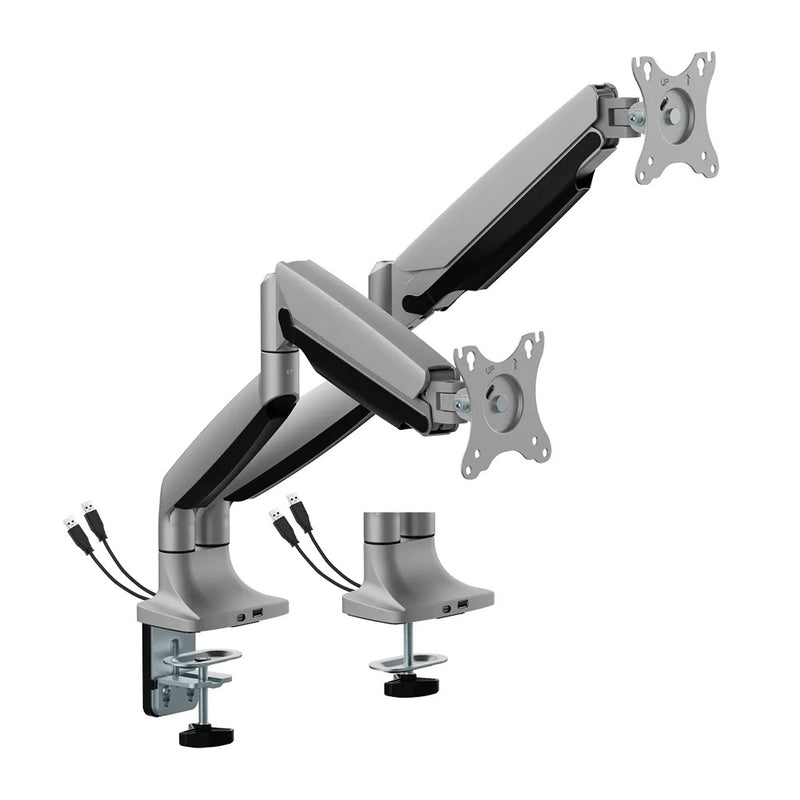 Brateck Dual Monitor Arm 17"-35" Heavy Duty Gas Spring w/ USB - Silver