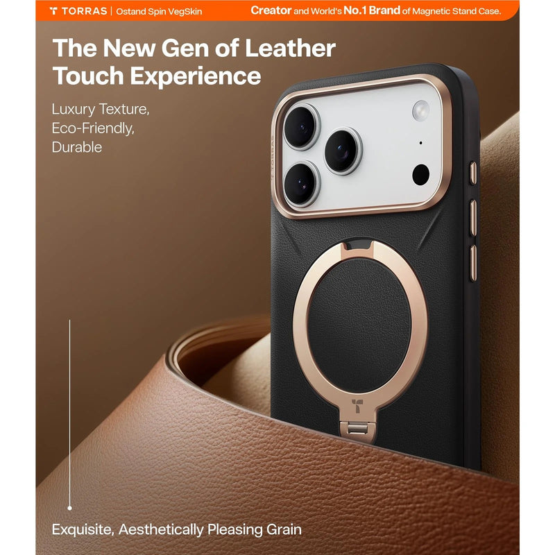 Torras Ostand Spin Vegan Leather Case For iPhone 17 Pro Max - Black