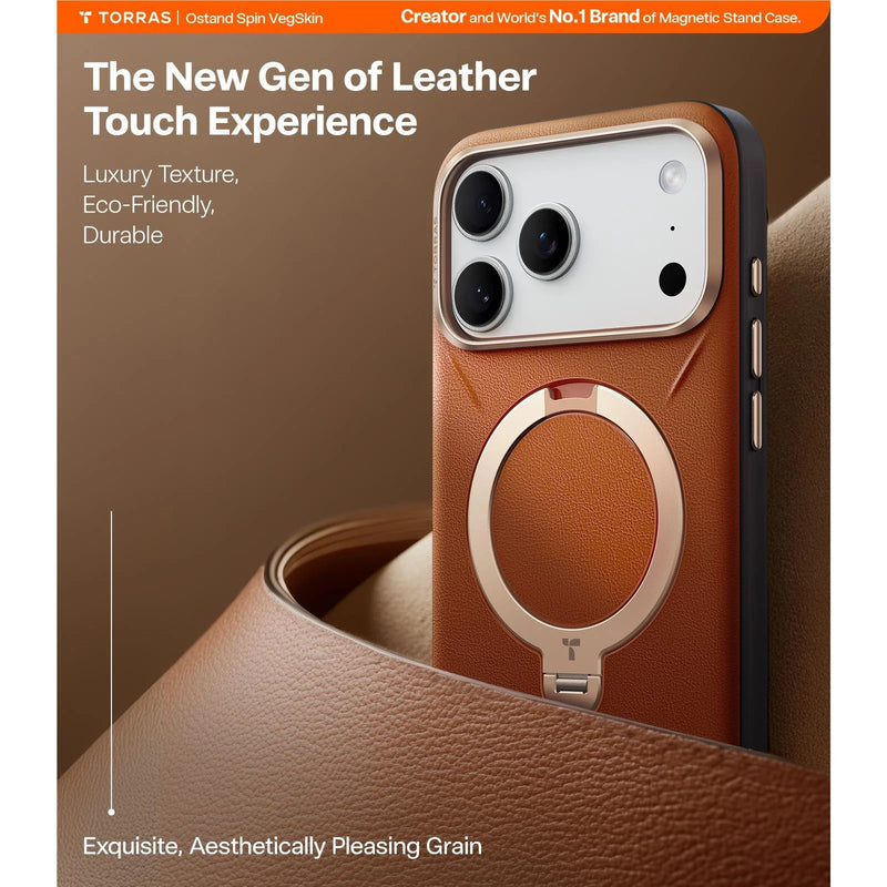 Torras Ostand Spin Vegan Leather Case For iPhone 17 Pro Max - Brown