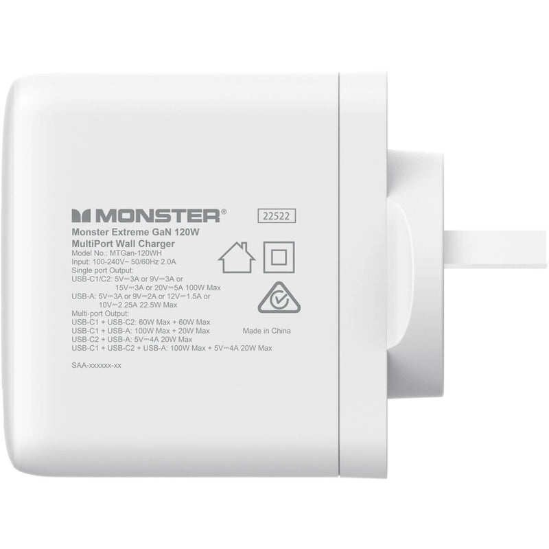 Monster 120W GaN USB-C/A Port Wall Charger - White