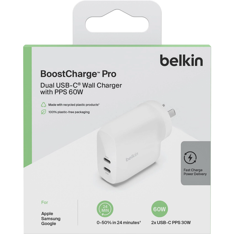 Belkin BoostCharge PRO Dual USB-C Wall Charger w/ PPS 60W - White