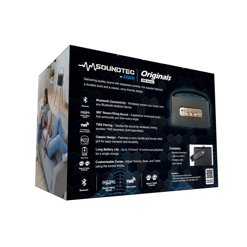 Laser SoundTec Retro Bluetooth Boombox Speaker w/ Carry Strep - Black