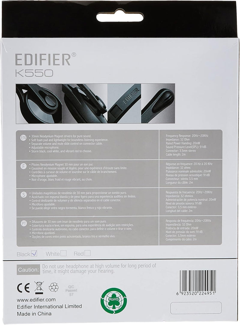 Edifier K550 Single Plug Headset 30mm Neodymium - Black