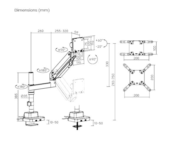 Brateck Heavy-Duty Pole Spring Monitor Arm w/ USB-A/C - Matte Black