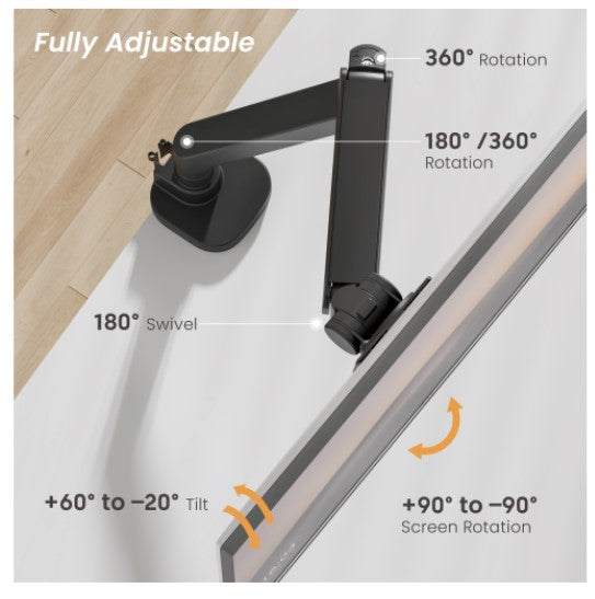 Brateck Titan Gas Spring Monitor Arm w/ USB-A/C Ports - Matte Black