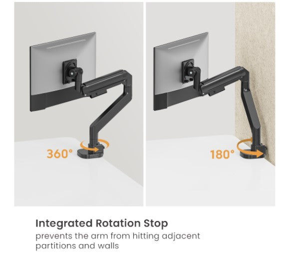 Brateck Titan Gas Spring Monitor Arm w/ USB-A/C Ports - Matte Black