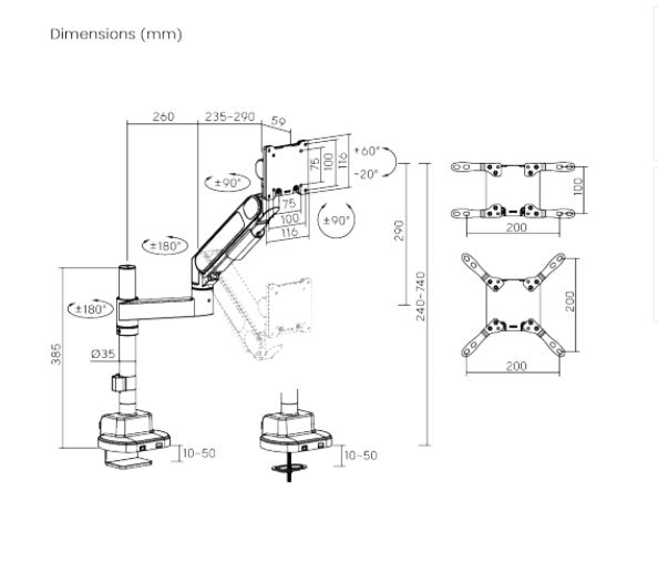 Brateck Future Proof Gas Spring Monitor Arm 24"-57" - Matte Black