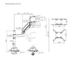 Brateck Heavy Duty Pole Gas Spring Monitor Arm w/ USB-A/C Port - Black