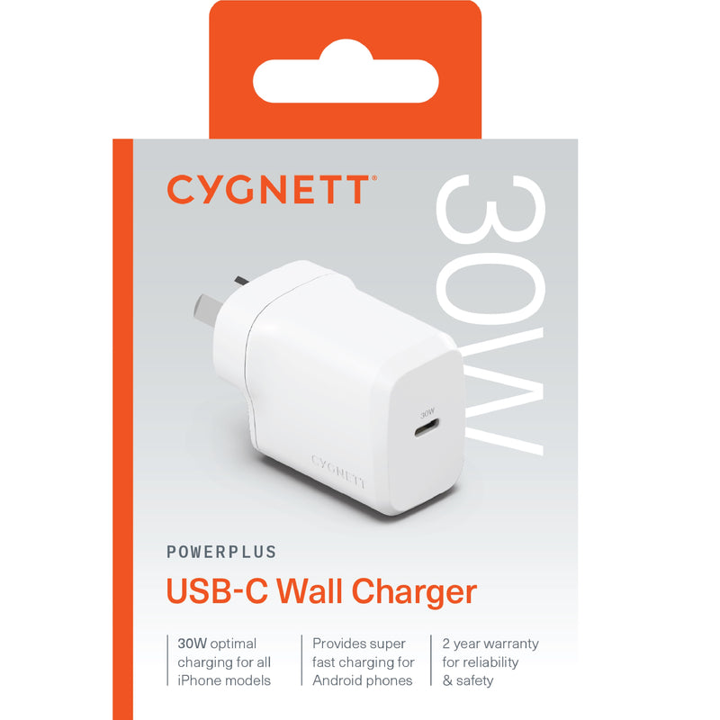 Cygnett PowerPlus 30W USB-C PD GaN Fast Wall Charger -White