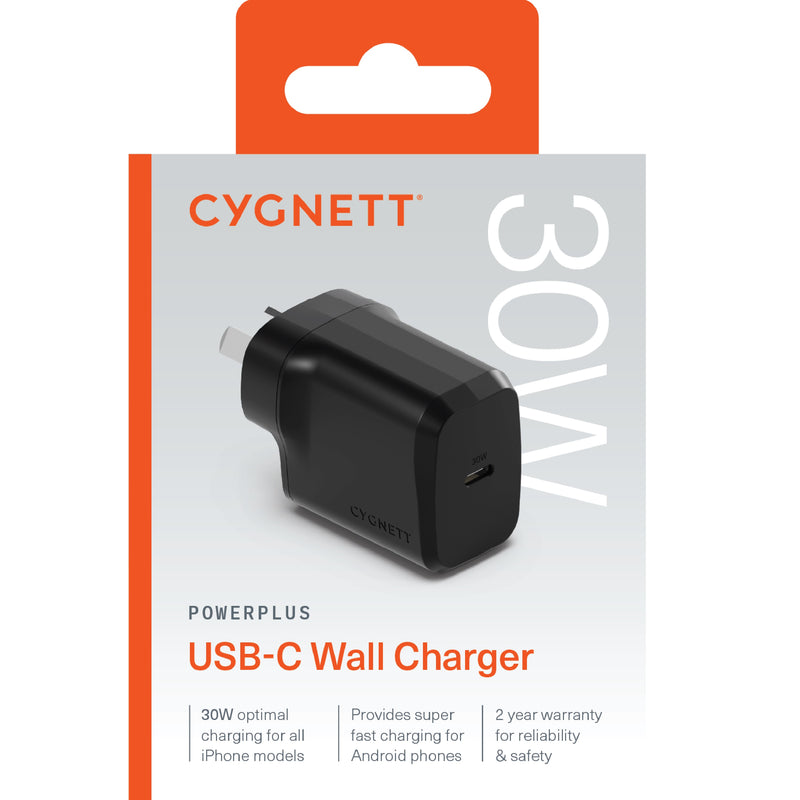 Cygnett PowerPlus 30W USB-C PD GaN Fast Wall Charger - Black