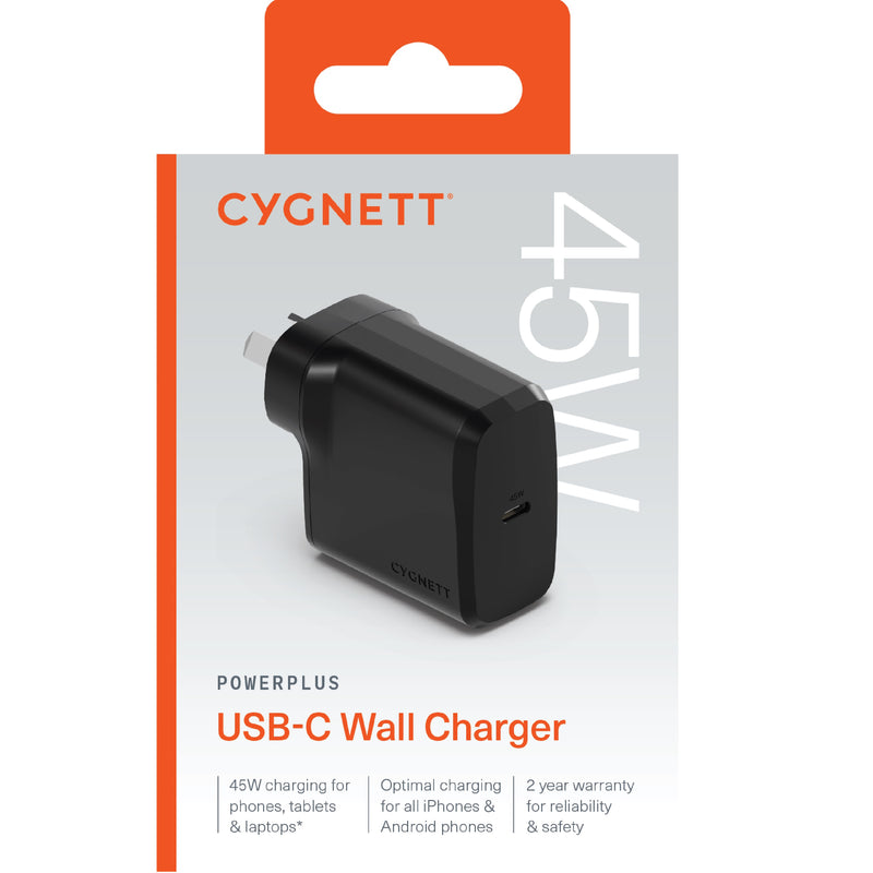 Cygnett PowerPlus 45W USB-C PD GaN Fast Wall Charger - Black