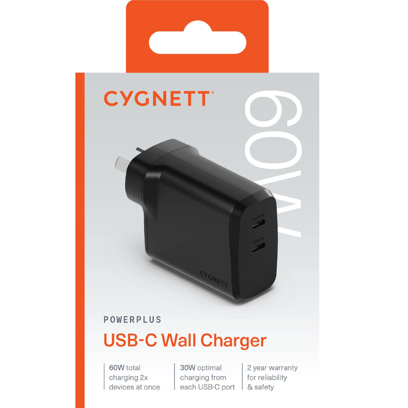 Cygnett PowerPlus 60W Dual Port USB-C PD Fast Wall Charger - Black