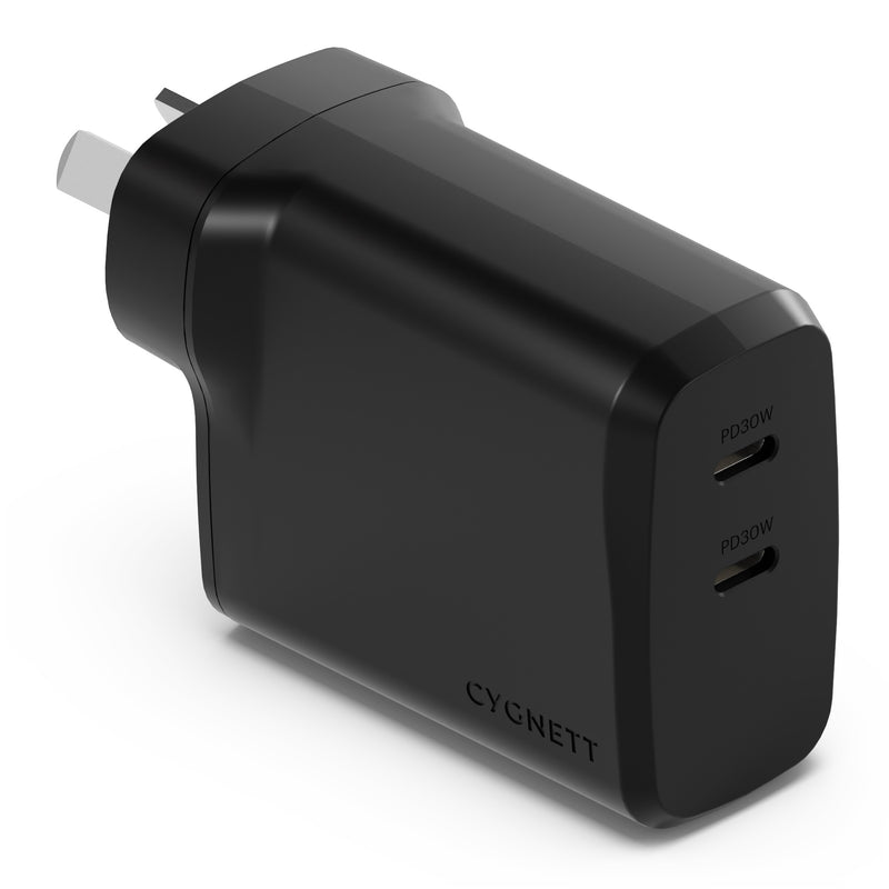 Cygnett PowerPlus 60W Dual Port USB-C PD Fast Wall Charger - Black