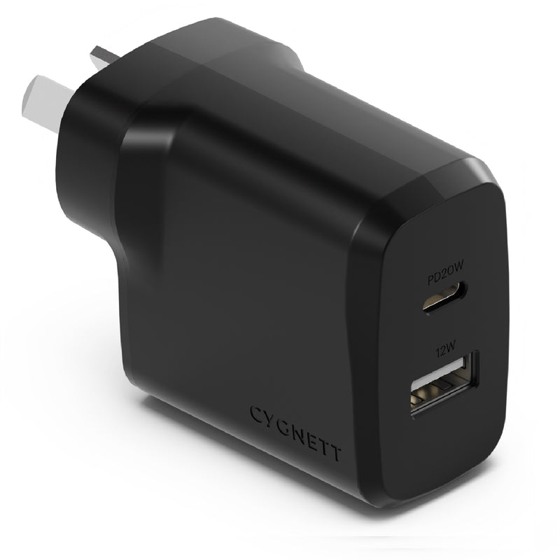 Cygnett PowerPlus 32W Dual Port PD Fast Wall Charger - Black