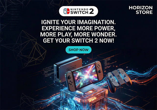 Advertisement for Nintendo Switch 2 with gaming console and controller on a dark background.
