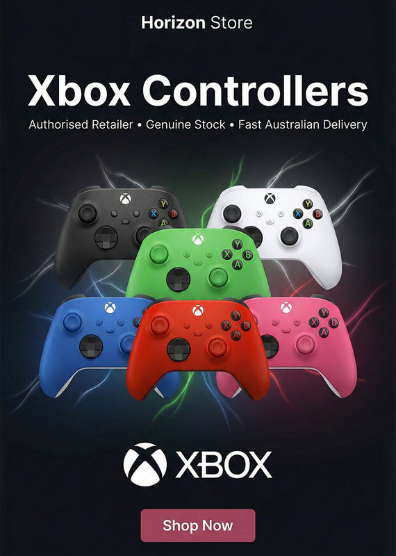 Promotional image of Xbox controllers in various colors with 'Horizon Store' branding.