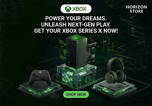 Advertisement for Xbox gaming console with controller and headset on a dark background
