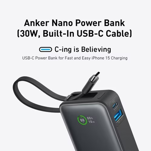 Anker Nano 10K 30W Power Bank with Built-In USB-C Cable - Black