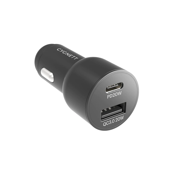 Cygnett CarPower 20W USB-C PD and USB-A QC 3.0 Car Charger - Black