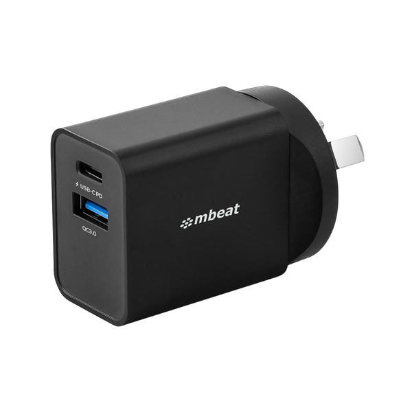 mbeat Gorilla Power Dual Port 18W USB-C PD & QC 3.0 Charger -Black