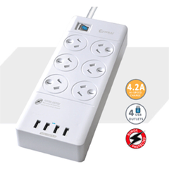 LITO Sansai 6 Outlets & 4 USB Outlets Surge Protected - White