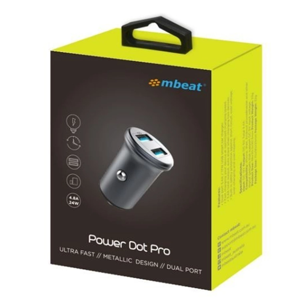 mbeat Power Dot Pro Dual port 4.8A Rapid Car Charger - Silver