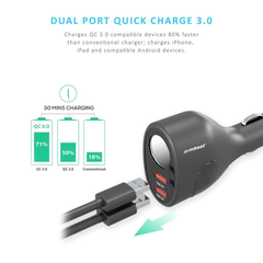 mbeat Dual Port QC3.0 Car Charger and Cigarette Lighter Extender