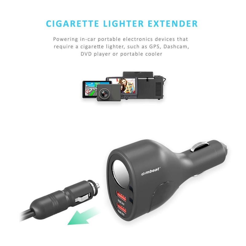 mbeat Dual Port QC3.0 Car Charger and Cigarette Lighter Extender