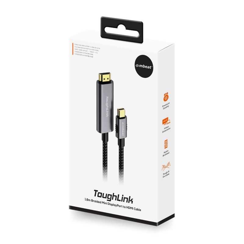 mbeat Toughlink Braided Mini DisplayPort to HDMI Cable 1.8m -Black